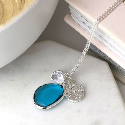 Silver Plated Necklace with Blue Crystal & Charms by Peace of Mind